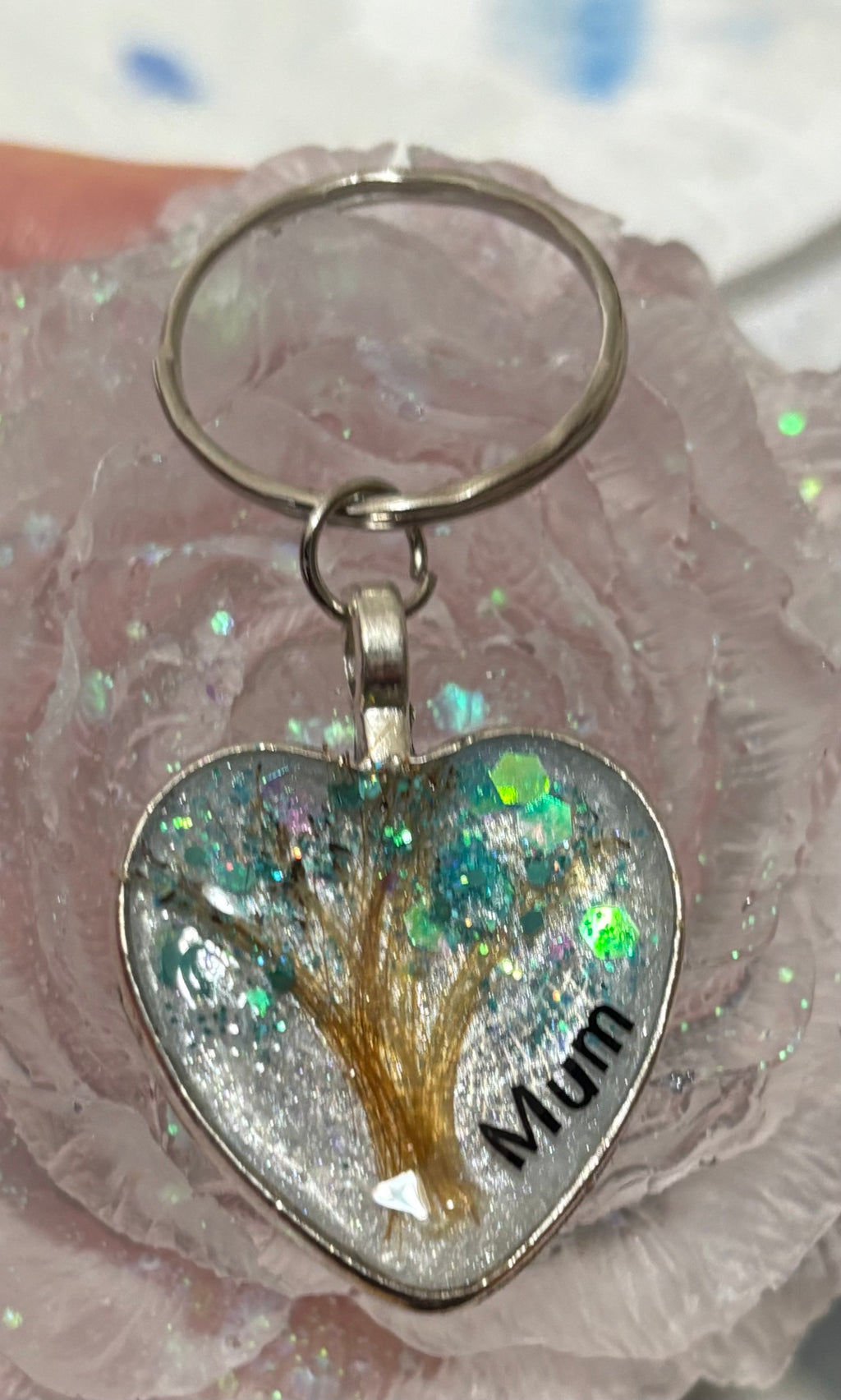 Heart keyring tree of life made with hair & glitter personalised