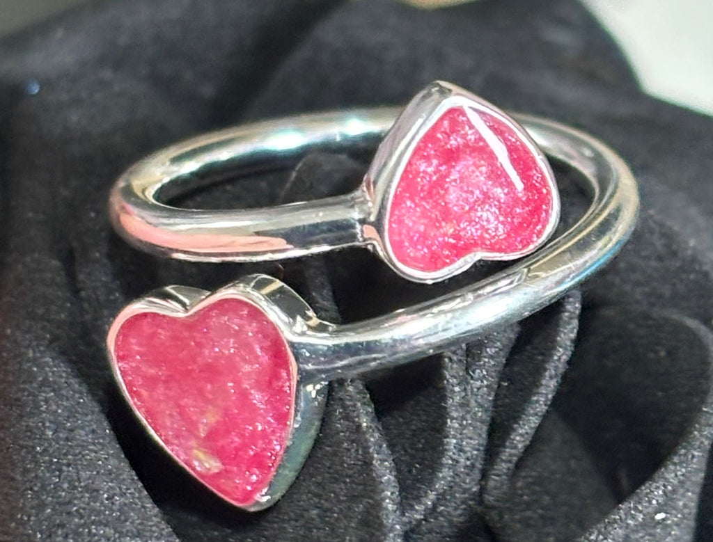 Sterling silver Gemini memorial double heart adjustable ring ashes / hair breastmilk