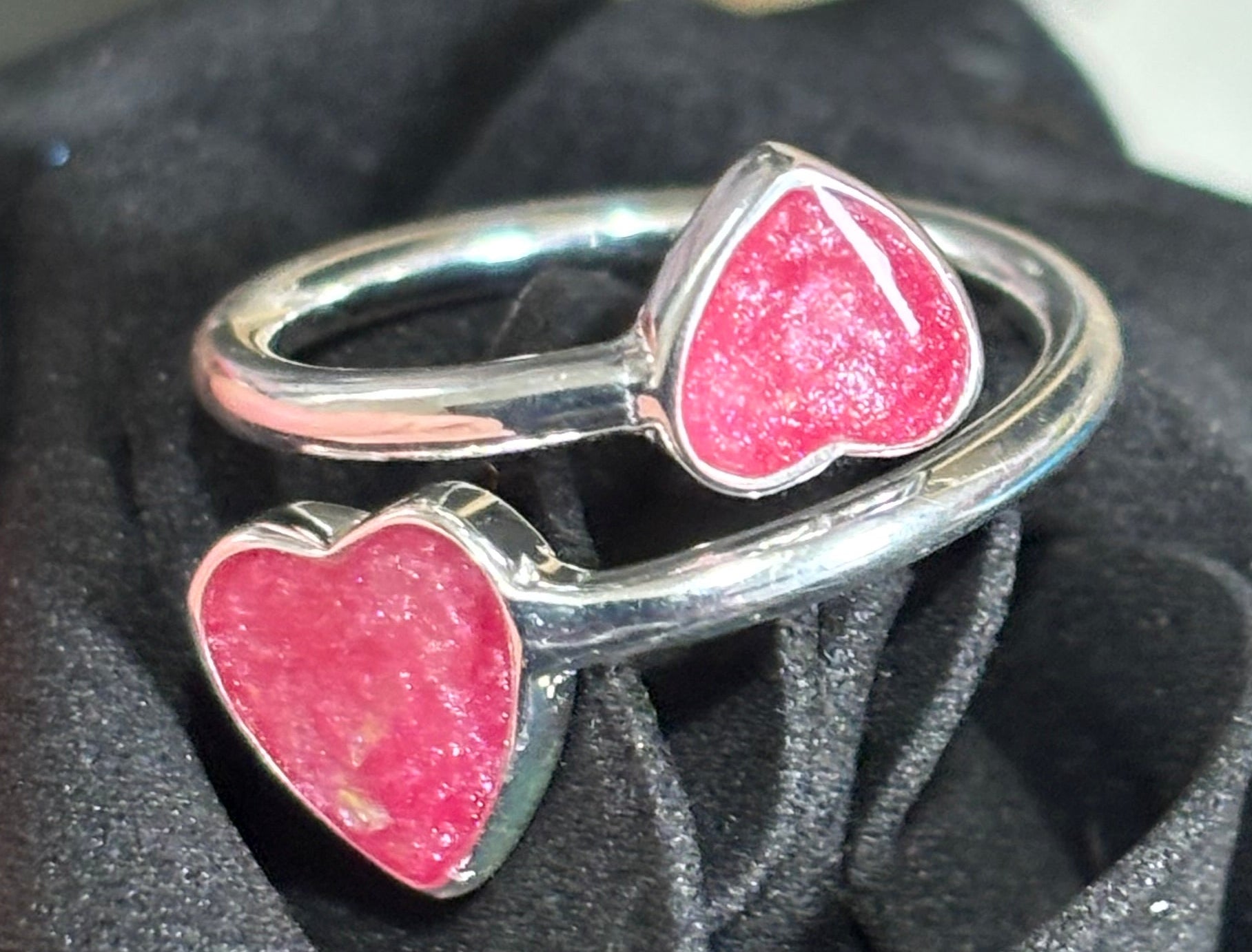 Sterling silver Gemini memorial double heart adjustable ring ashes / hair breastmilk