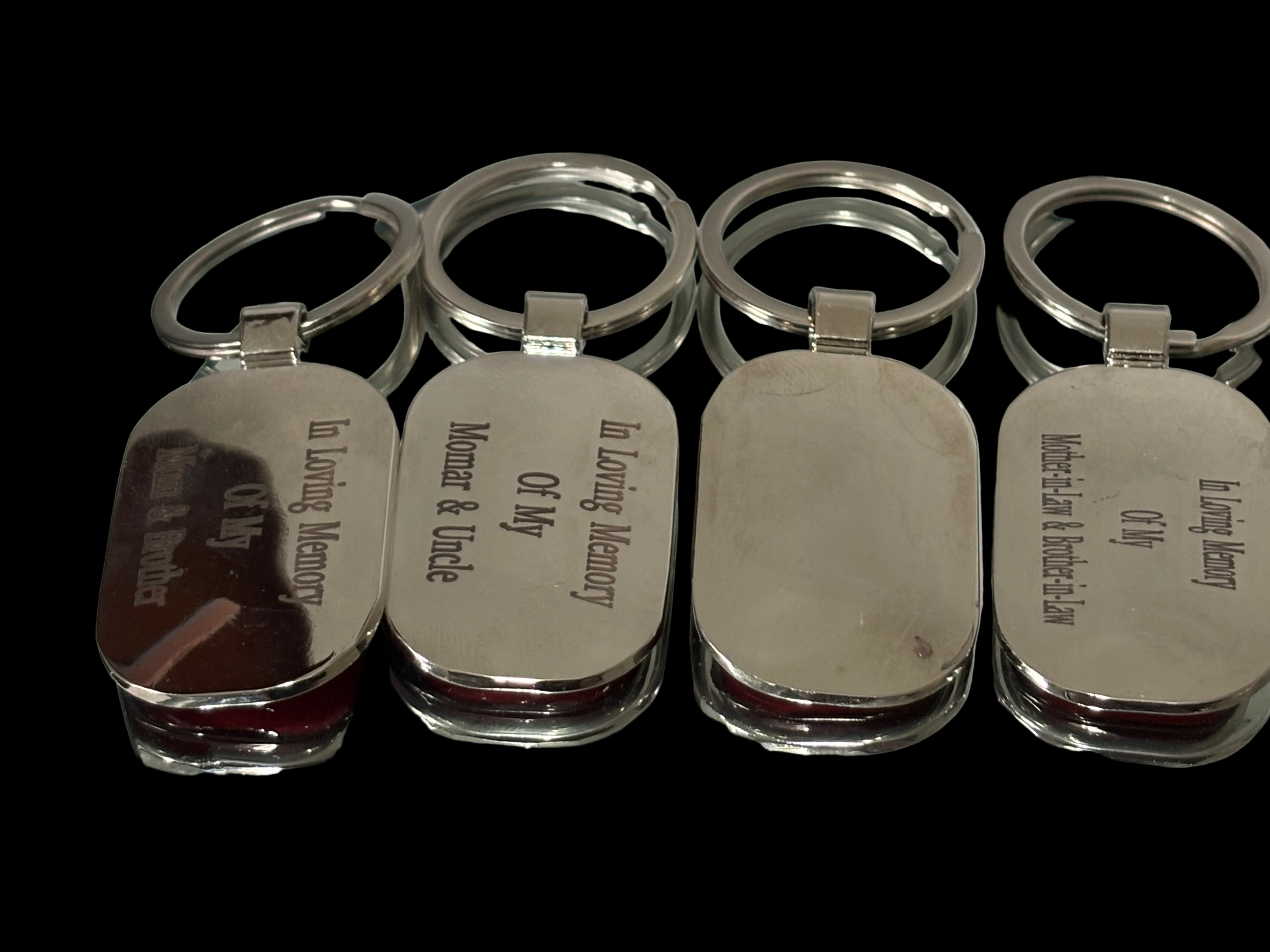 Personalised rectangle keyring ashes / hair inclusions engraving on the back memorial keepsake gift