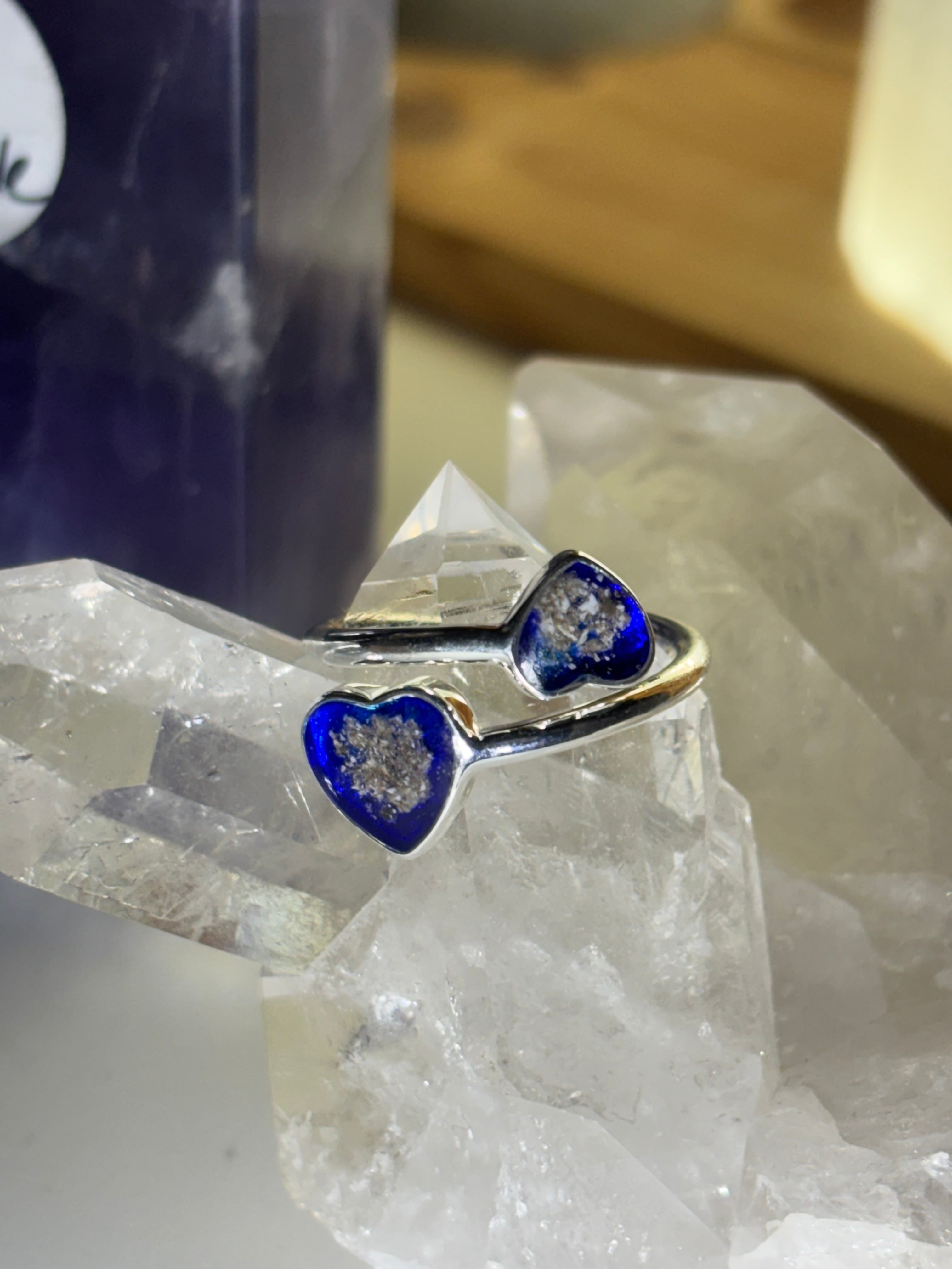 Sterling silver Gemini memorial double heart adjustable ring ashes / hair breastmilk