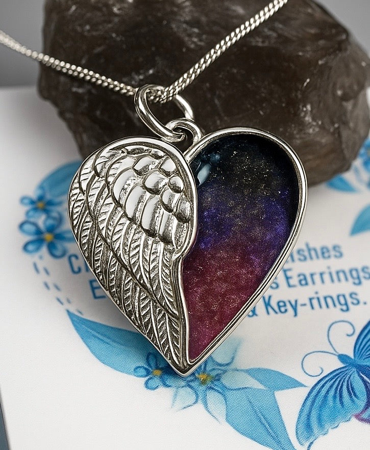 Sterling silver angel wing / heart memorial pendant ashes / hair breastmilk