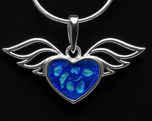 Beautiful sterling silver pendant heart with angel wings ashes , hair. Breastmilk memorial keepsake gift