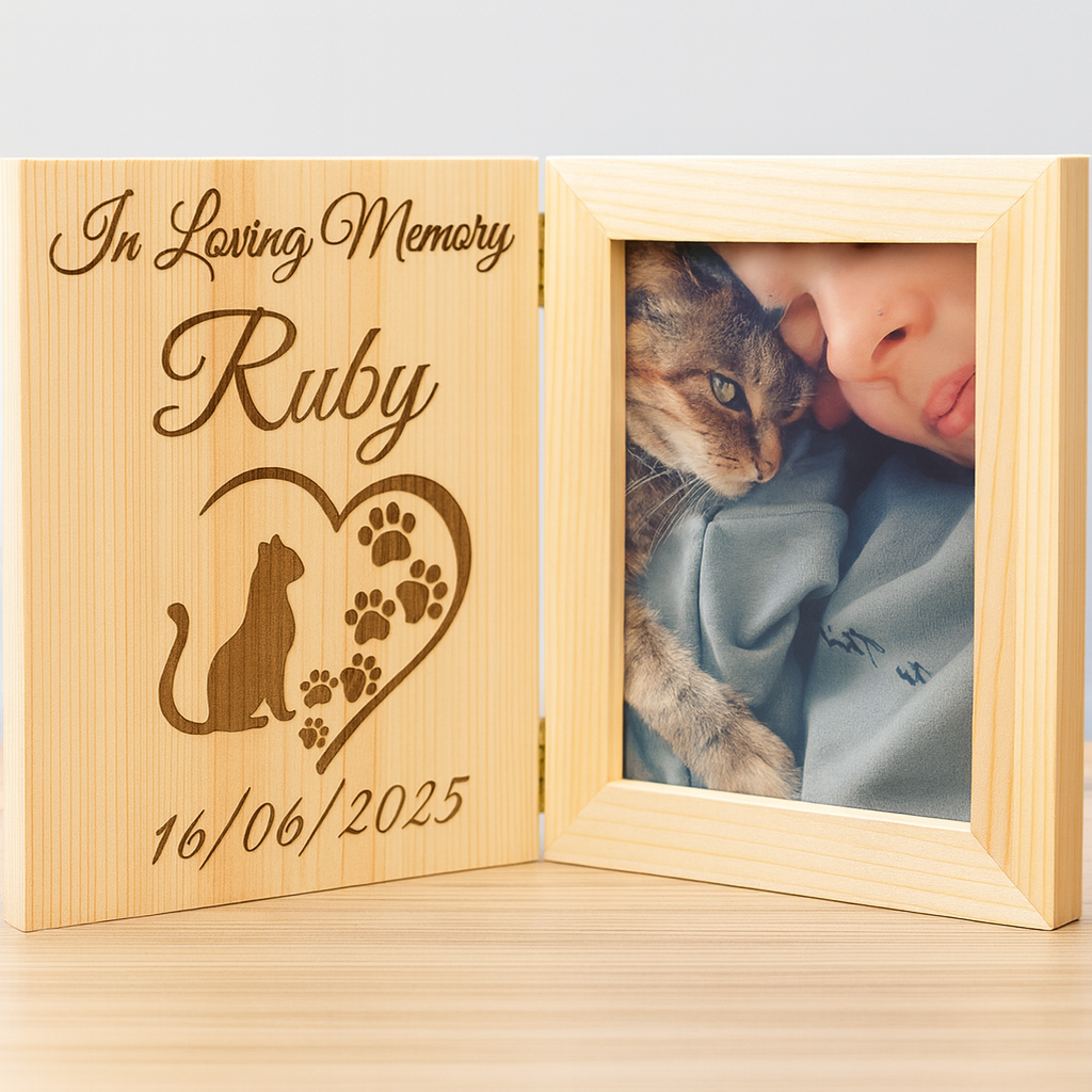 Engraved Wood Dog/cat pet memorial photo book frame 22cm x17cm personalised gift