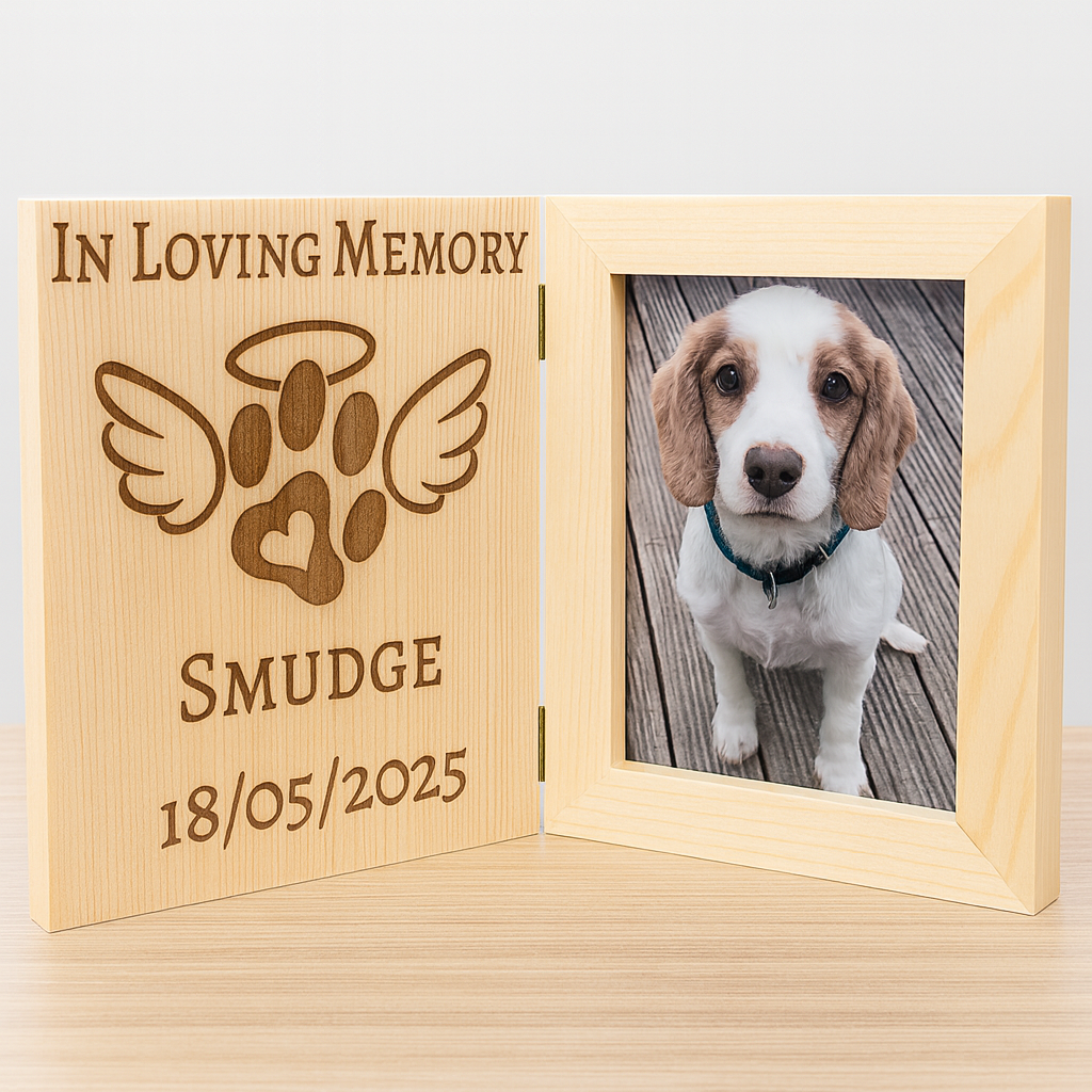 Engraved Wood Dog/cat pet memorial photo book frame 22cm x17cm personalised gift