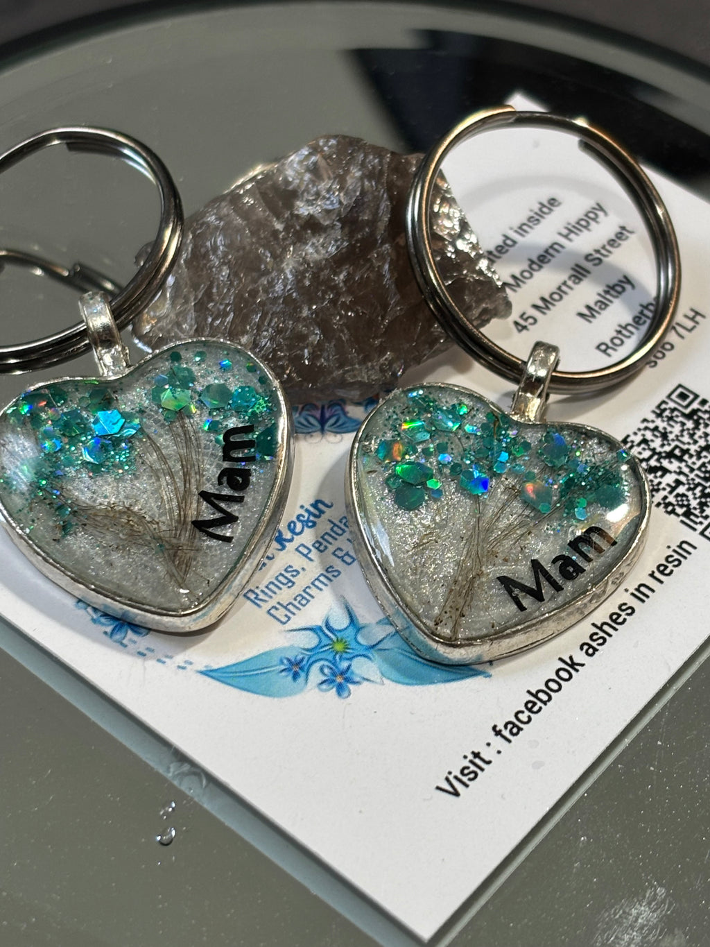 Heart keyring tree of life made with hair & glitter personalised